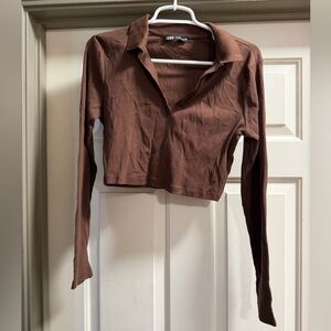 Zara Chocolate Brown Cropped Long-Sleeve Polo Top